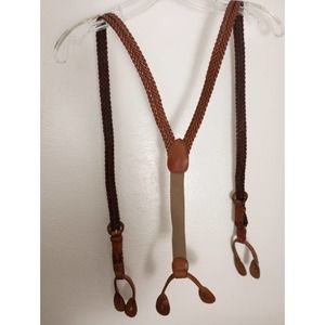 Adjustable Braided Button Suspenders Full Grain Cowhide Leather Brown Classic
